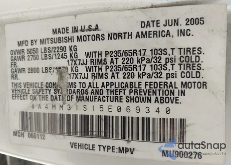 2005 Mitsubishi Endeavor Xls from USA, damaged, VIN 4A4MM31S15E069340